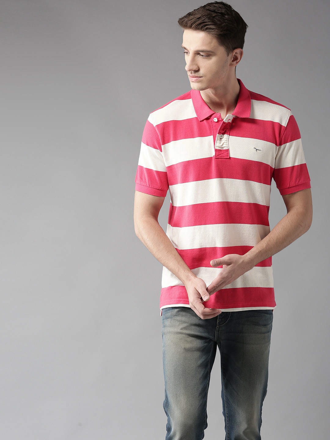 

Flying Machine Men Pink Striped Polo Collar Pure Cotton T-shirt