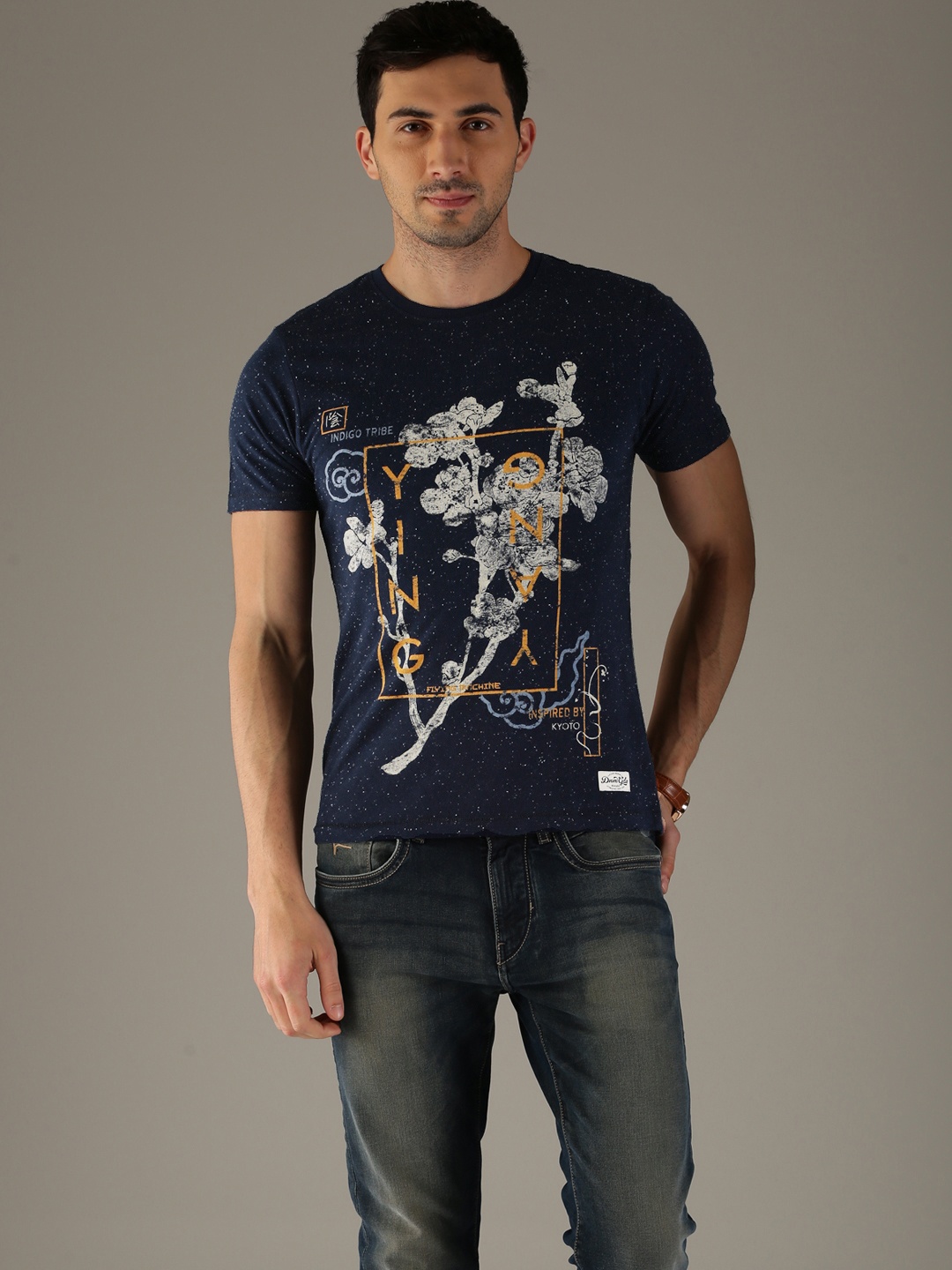 

Flying Machine Men Navy Blue Printed Round Neck T-shirt