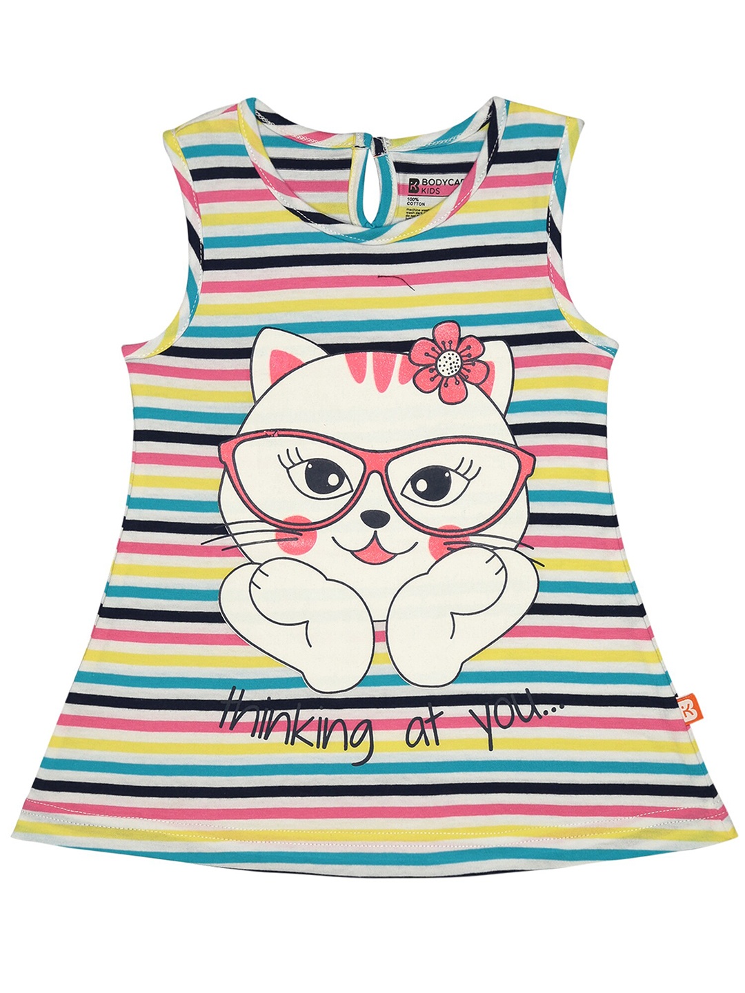 

Bodycare Girls Round Neck Sleeveless Striped A-Line Dress, Yellow