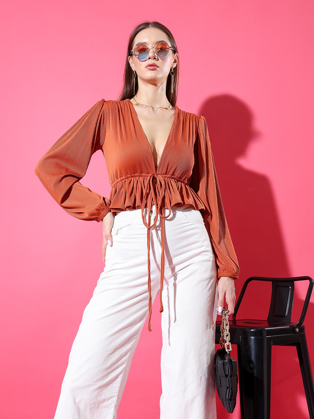 

Stylecast X Hersheinbox Puff Sleeves Ribbed Peplum Top With Waist Tie-Up Detail, Brown
