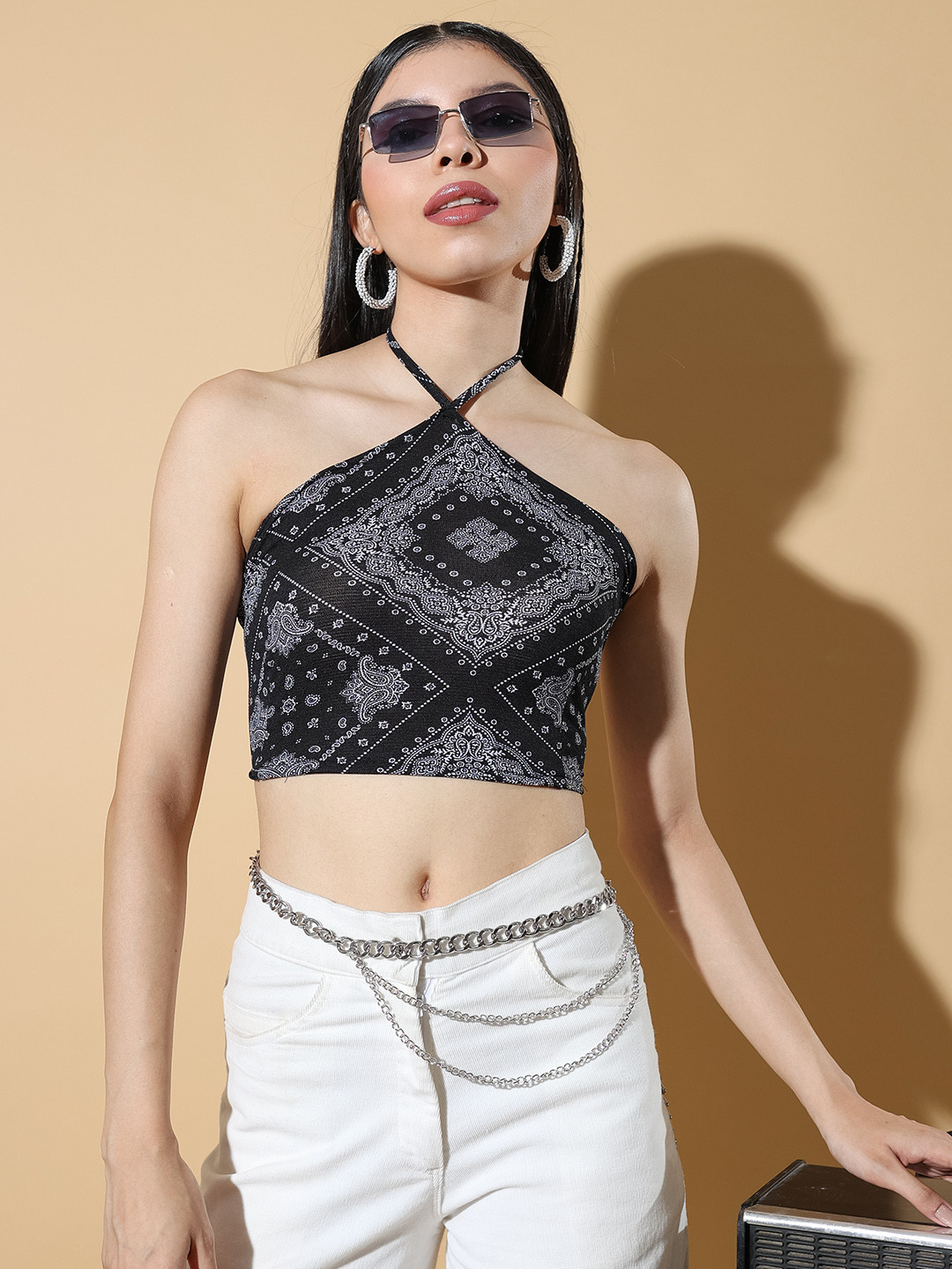 

Stylecast X Hersheinbox Halter Neck Scarf Print Crop Top, Black