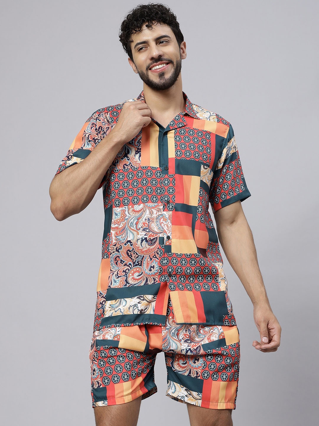 

Vrundavan Ethics Printed Shirt Collar Shirt And Shorts, Orange