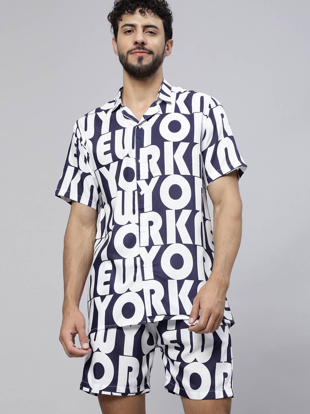 

Vrundavan ethics Typography Printed Shirt With Short, Navy blue