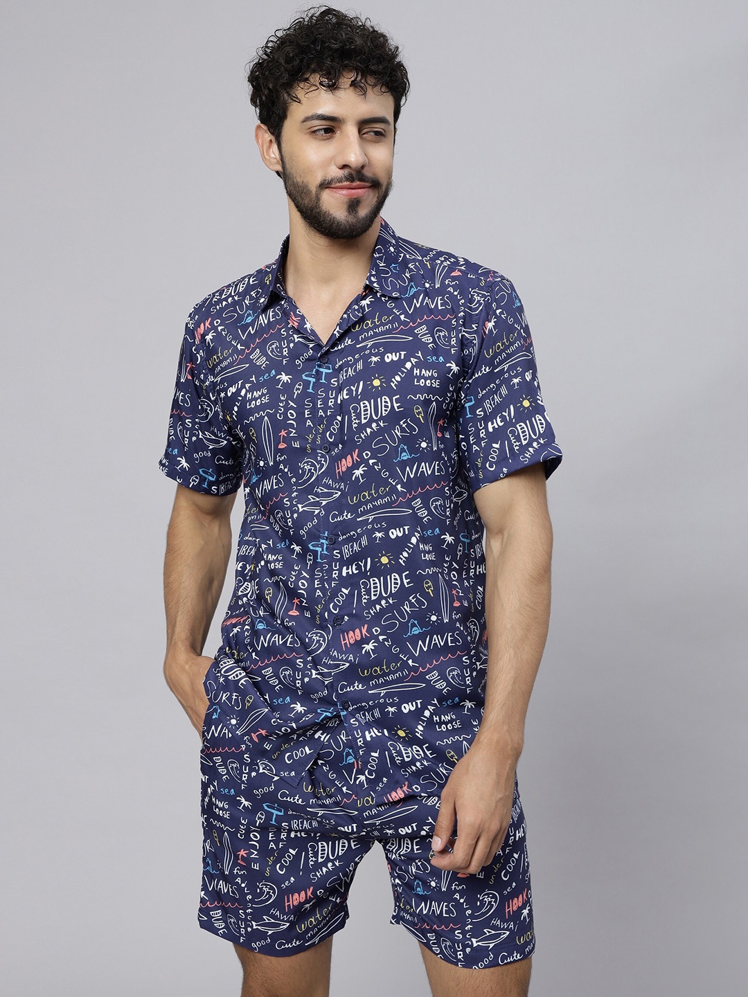 

Vrundavan ethics Typography Printed Shirt & Short, Navy blue