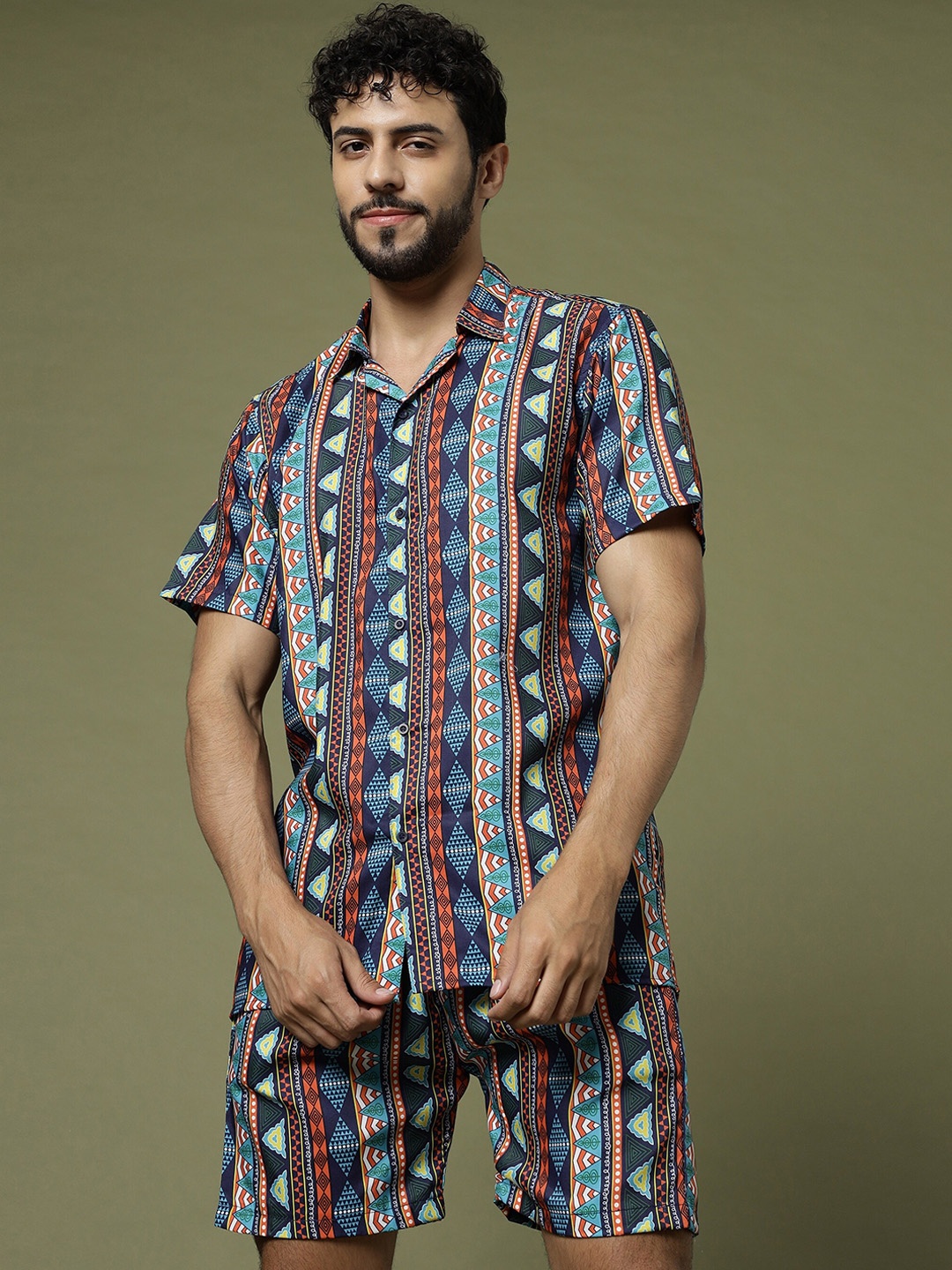 

Vrundavan ethics Geomatric Printed Shirt With Shorts, Blue