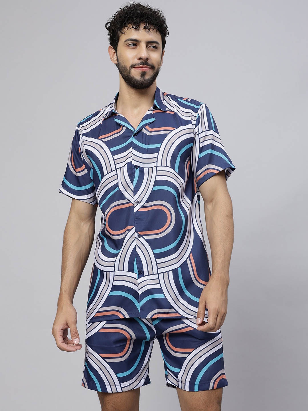 

Vrundavan ethics Abstract Printed Shirt & Shorts Co-Ord Set, Navy blue