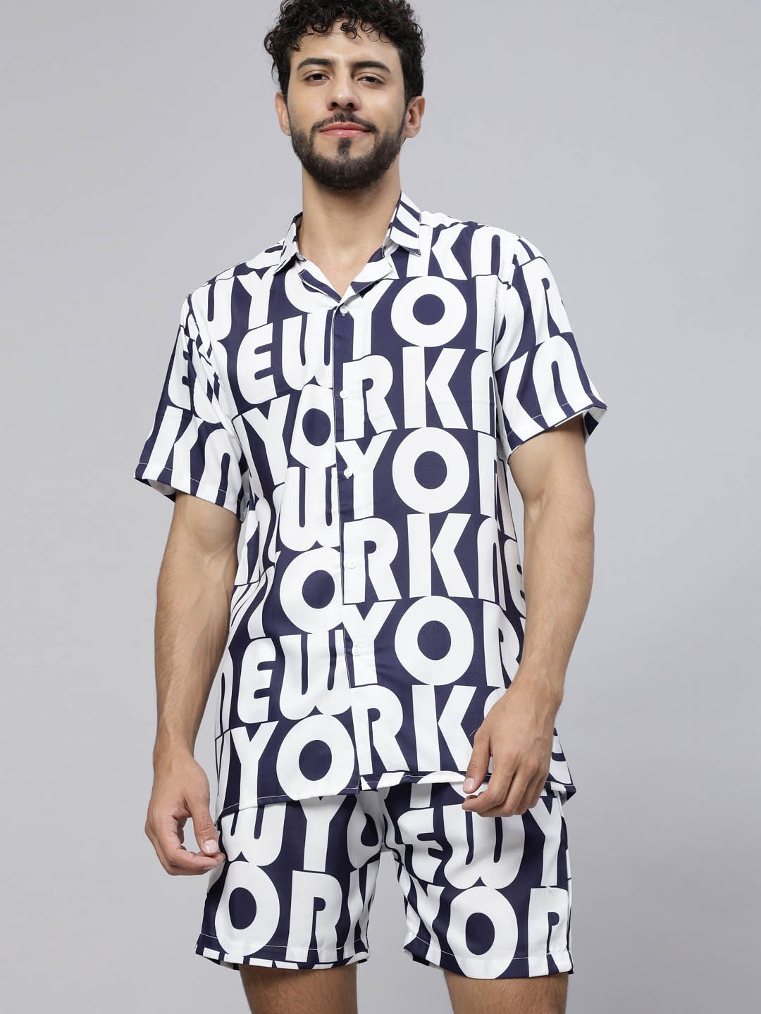 

Vrundavan ethics Typography Printed Short Sleeves Shirt & Shorts, Navy blue
