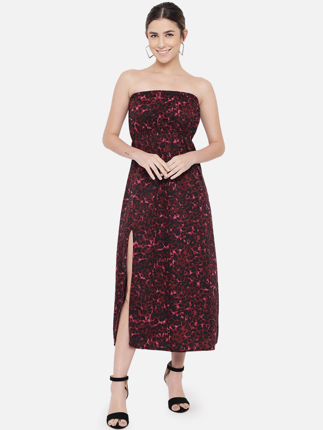 

BAESD Maroon Abstract Printed Off-Shoulder A-Line Midi Dress