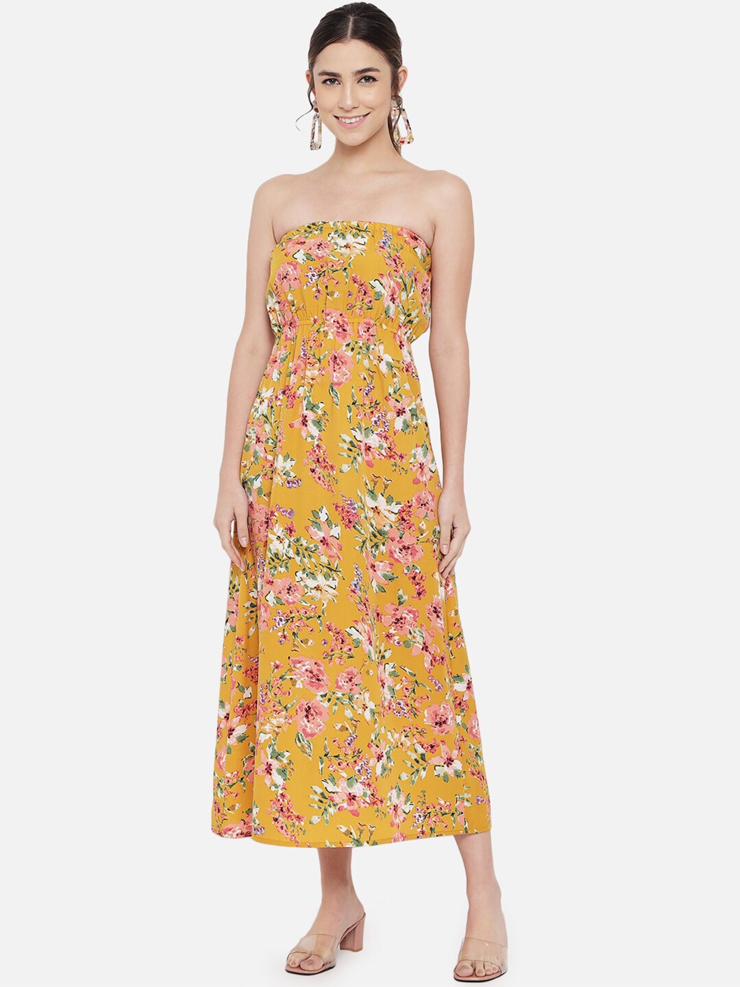 

BAESD Floral Printed Off-Shoulder Fit & Flare Midi Dress, Yellow