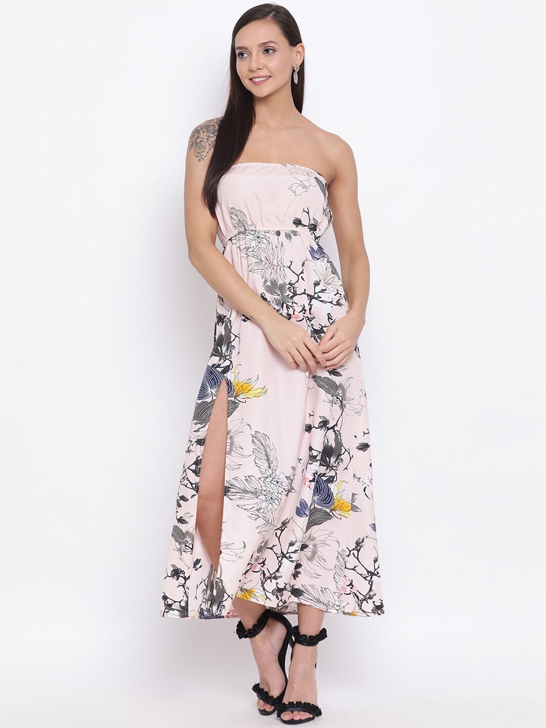 

BAESD Floral Printed Off-Shoulder Cut-Outs Empire Midi Dress, Pink