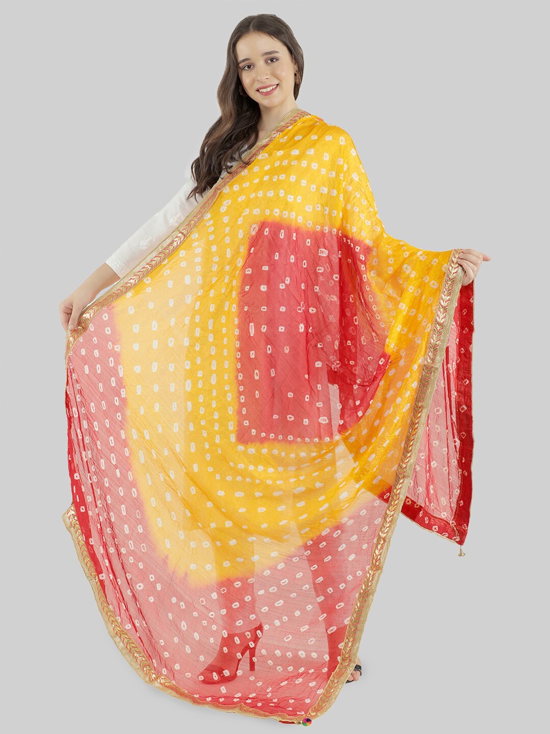 

MUFFLY Bandhani Printed Pom Pom Border Dupatta, Yellow