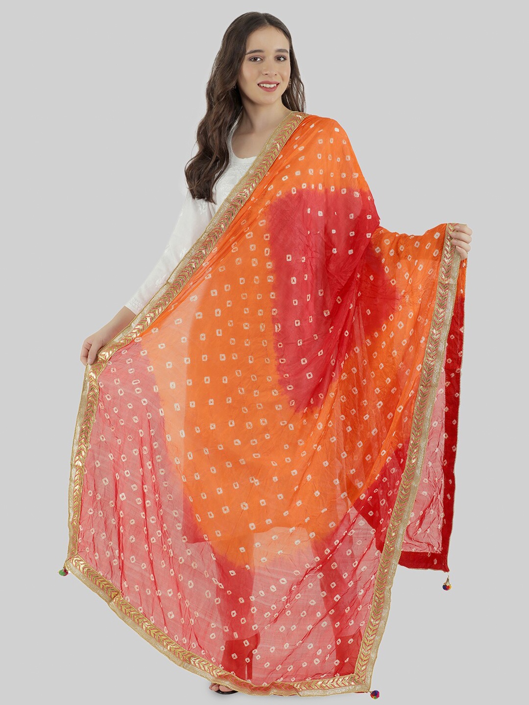 

MUFFLY Bandhani Printed Pom Pom Border Dupatta, Red