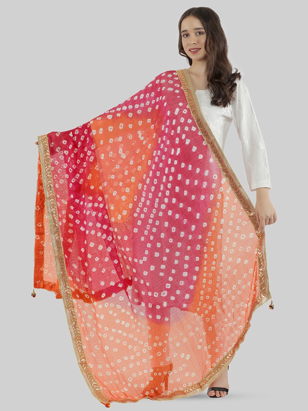 

MUFFLY Printed Gotta Patti Bandhani Dupatta, Pink