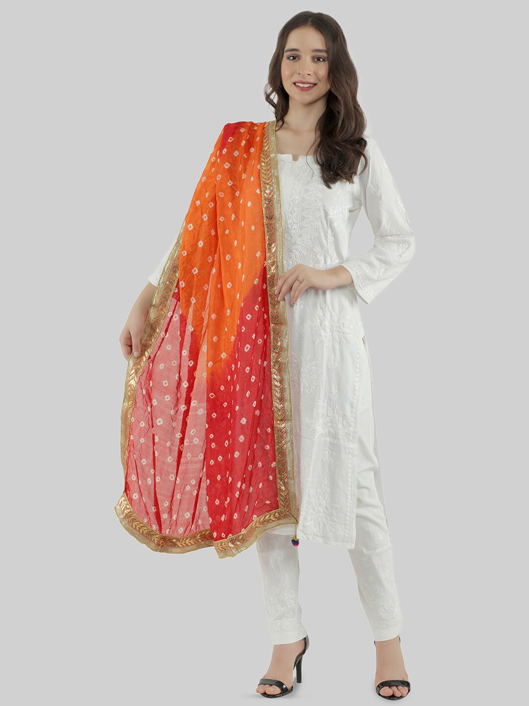 

MUFFLY Printed Gotta Patti Bandhani Dupatta, Orange