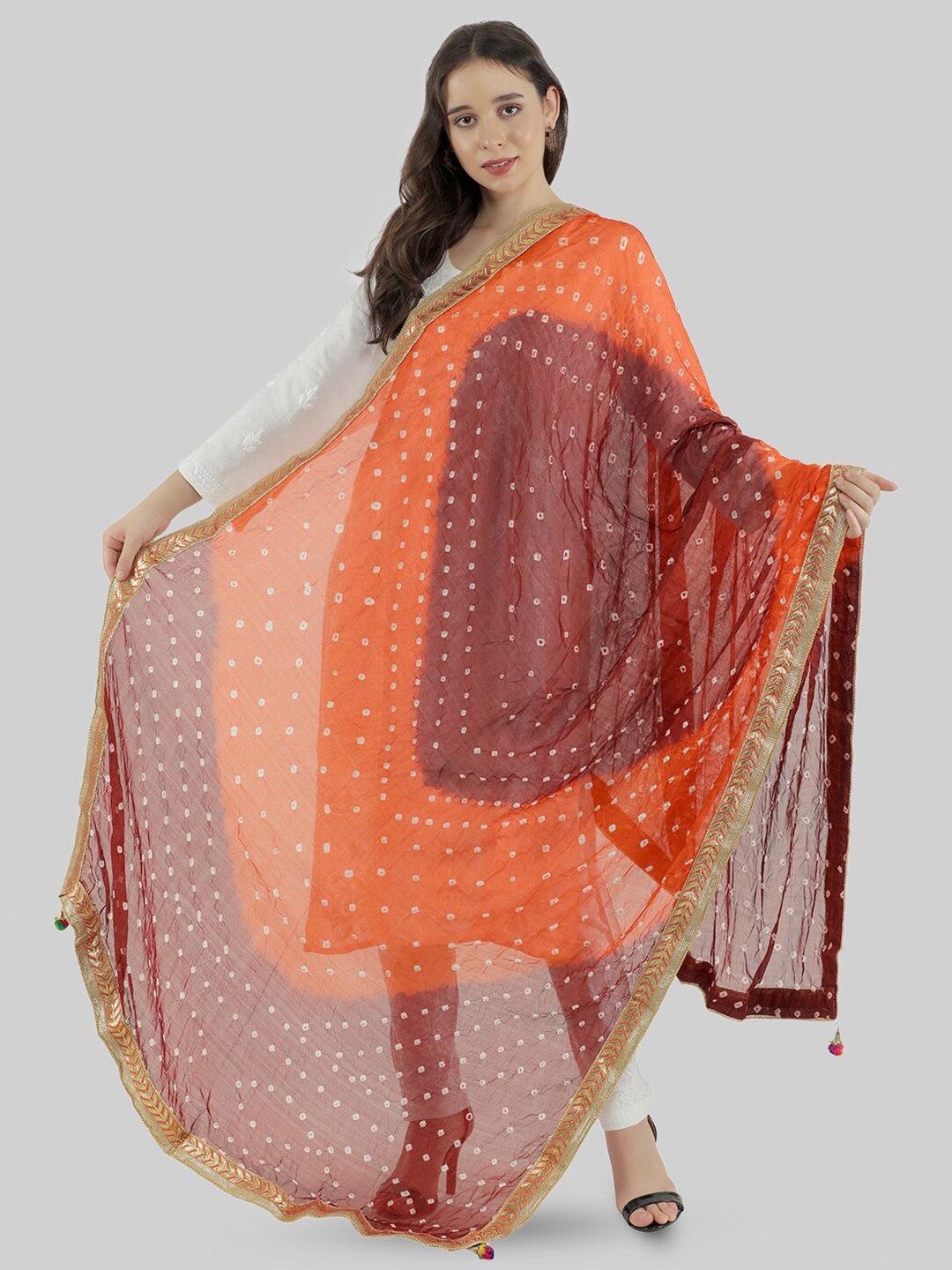 

MUFFLY Printed Gotta Patti Bandhani Dupatta, Orange