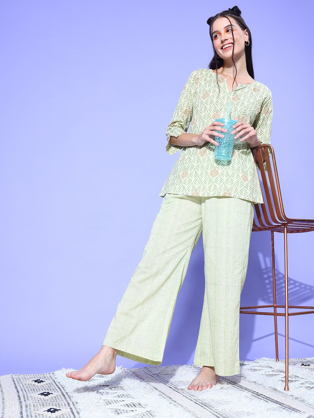 

ETC Women Floral Printed Cotton Night Suit, Sea green