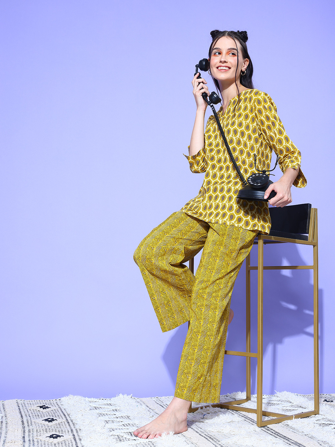 

ETC Ethnic Motifs Printed Pure Cotton Night Suit, Yellow