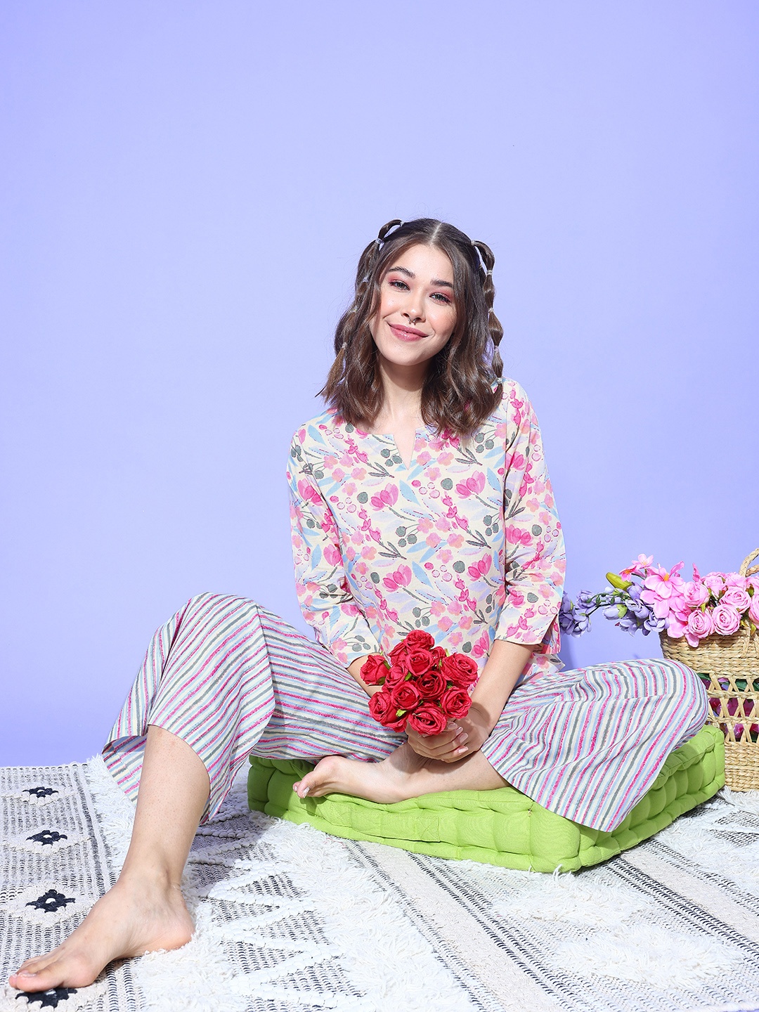 

ETC Floral Printed Pure Cotton Night Suit, Yellow