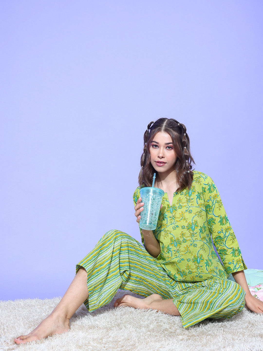 

ETC Floral Printed Pure Cotton Night Suit, Lime green