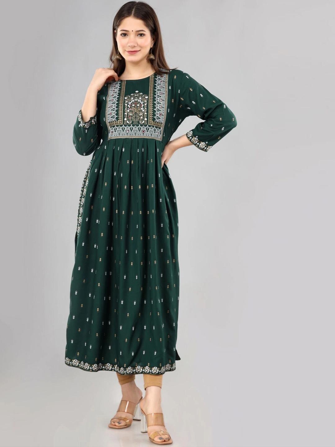 

MARISY Ethnic Motif Printed A-Line Kurta, Green