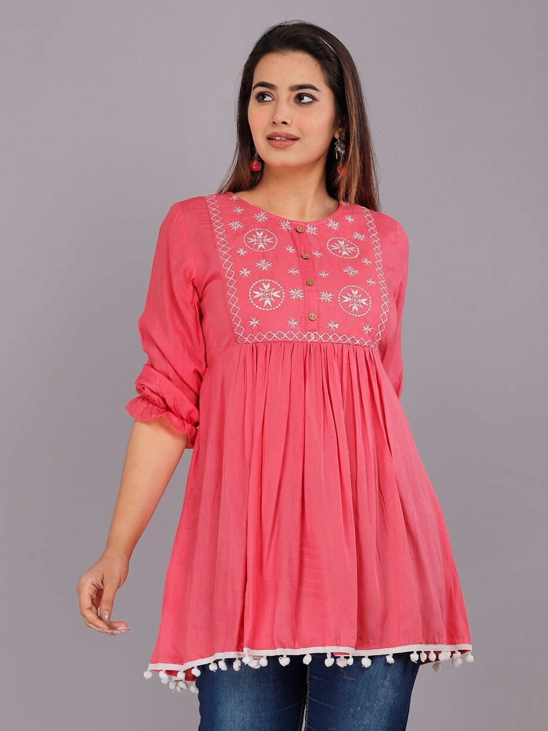 

MARISY Ethnic Motifs Embroidered Mandarin Collar Pleated A-Line Top, Pink