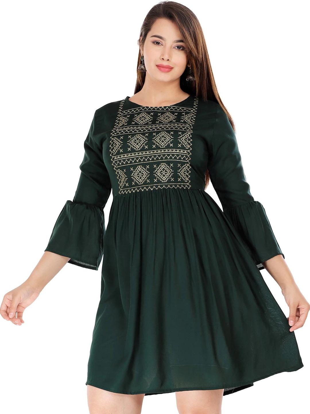 

MARISY Ethnic Motifs Embroidered Bell Sleeve Fit & Flare Mini Dress, Green