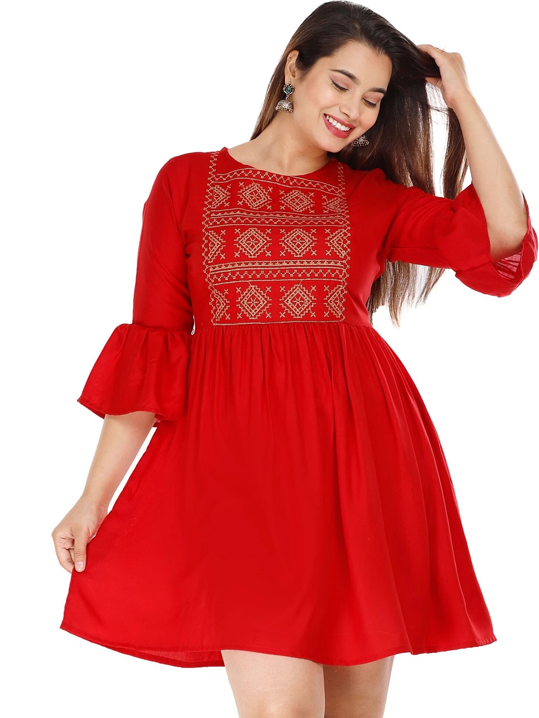 

MARISY Ethnic Motifs Embroidered Bell Sleeve Fit & Flare Mini Dress, Red