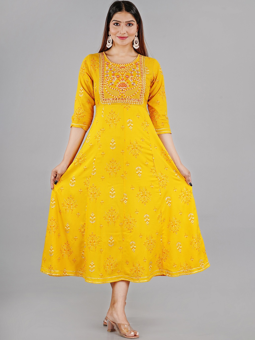 

MARISY Ethnic Motif Printed A-Line Kurta, Mustard