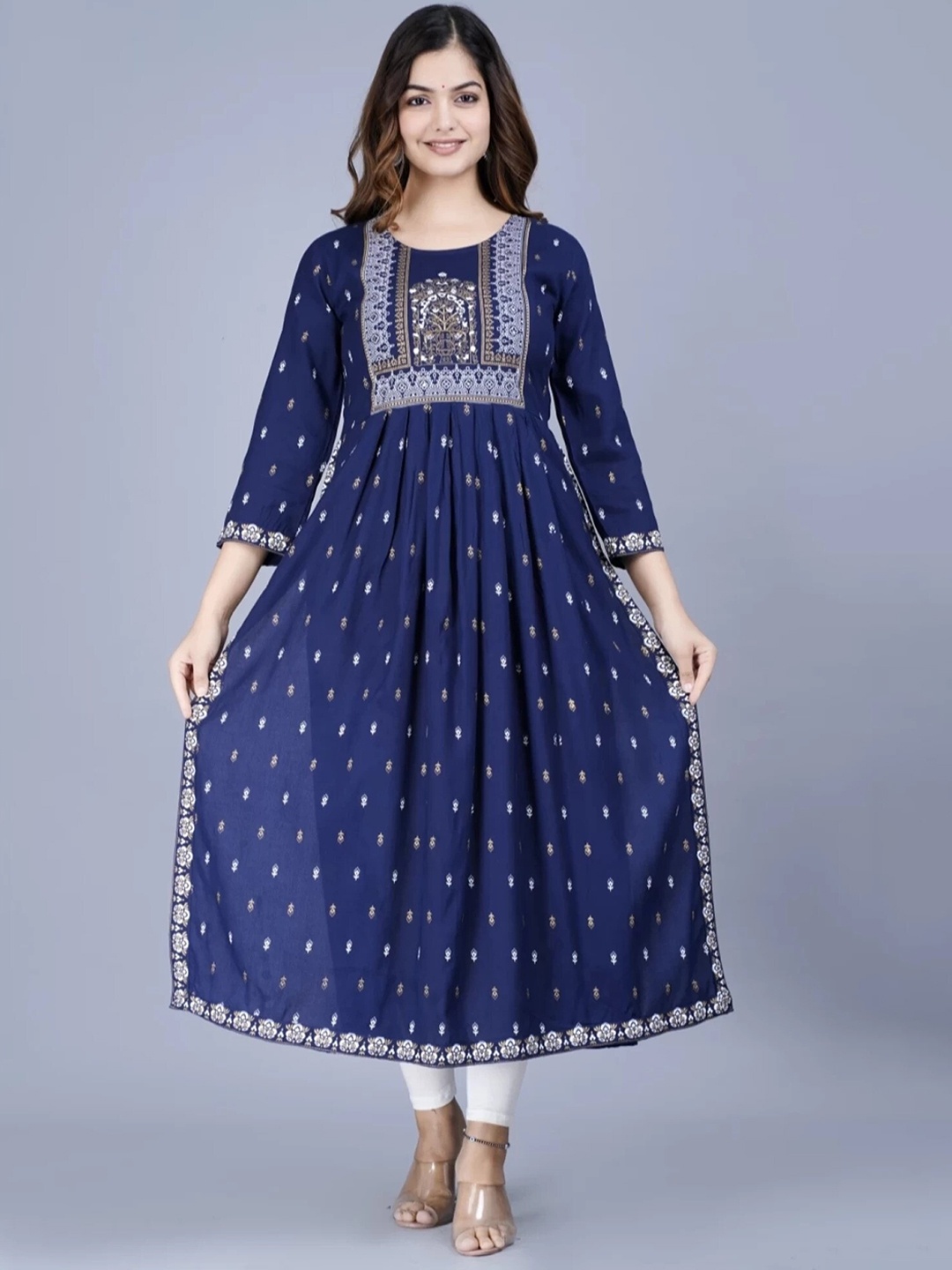 

MARISY Ethnic Motif Printed A-Line Kurta, Navy blue