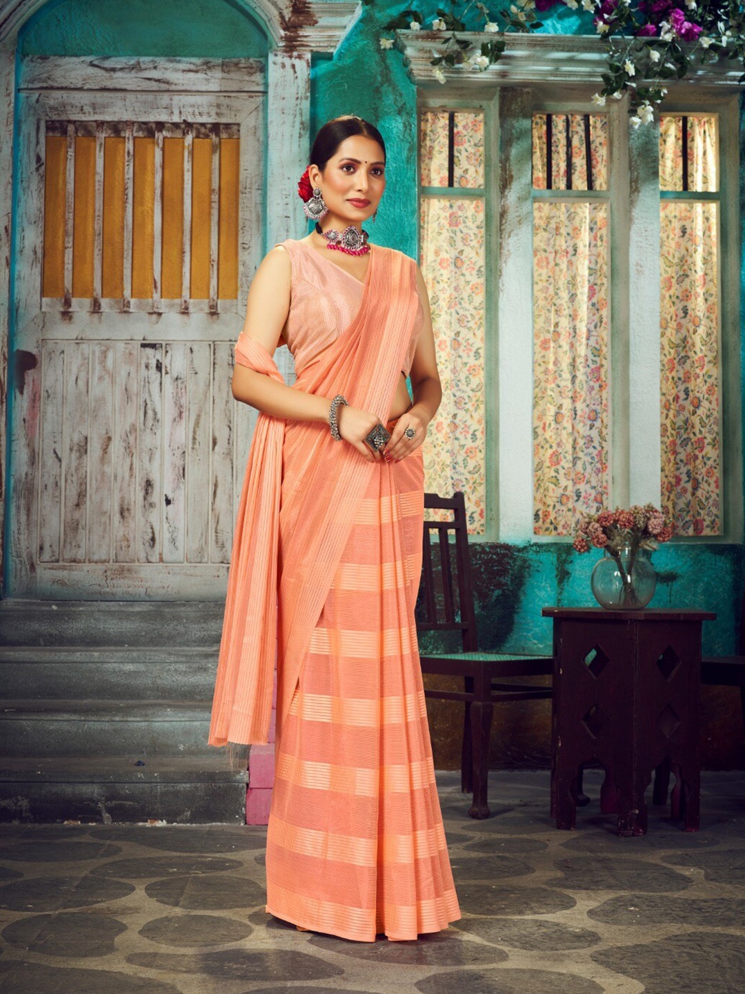 

FLOURIOUS Striped Pure Georgette Banarasi Saree, Peach