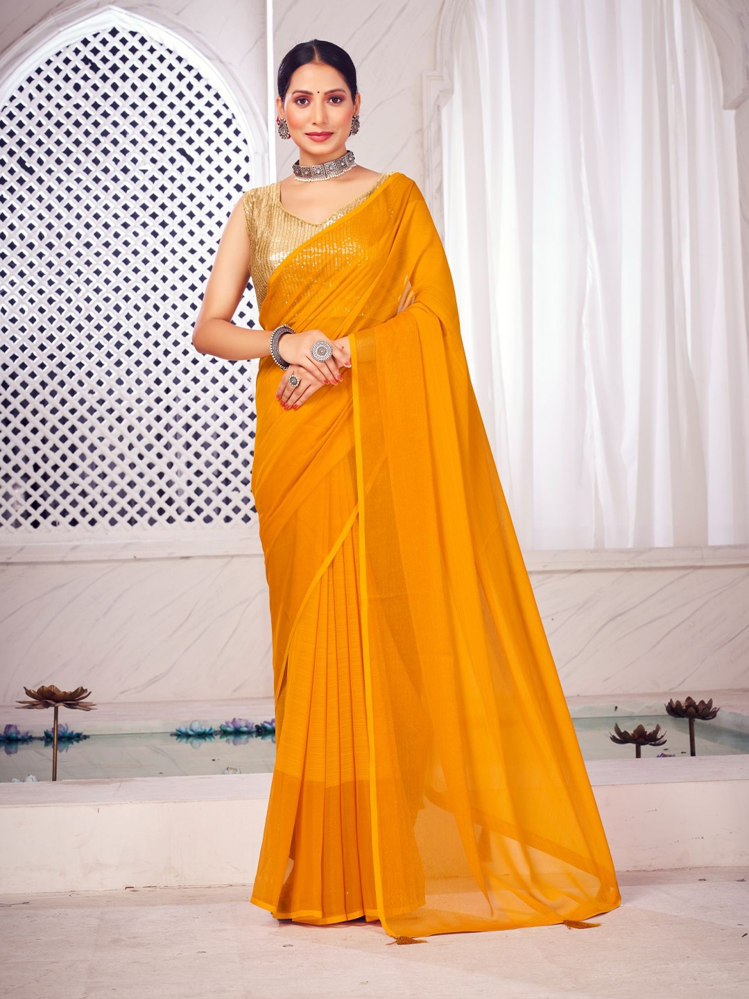 

FLOURIOUS Pure Chiffon Banarasi Saree, Yellow