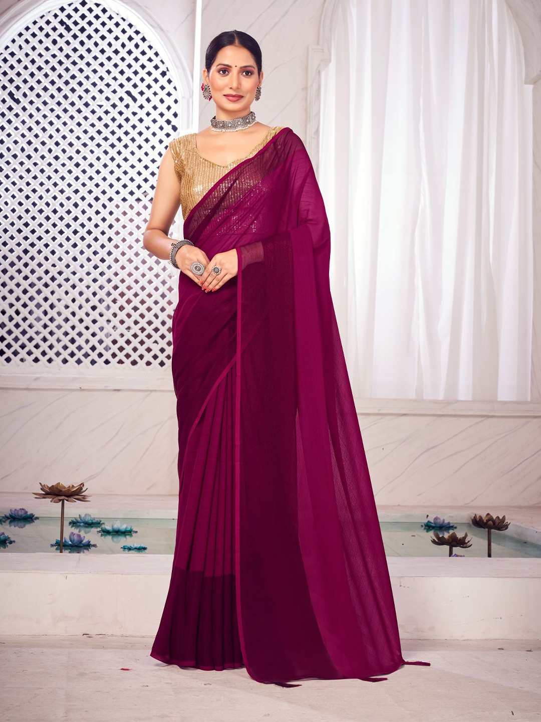 

FLOURIOUS Pure Chiffon Banarasi Saree, Burgundy
