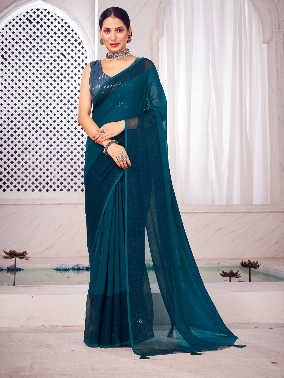 

FLOURIOUS Pure Chiffon Banarasi Saree, Blue