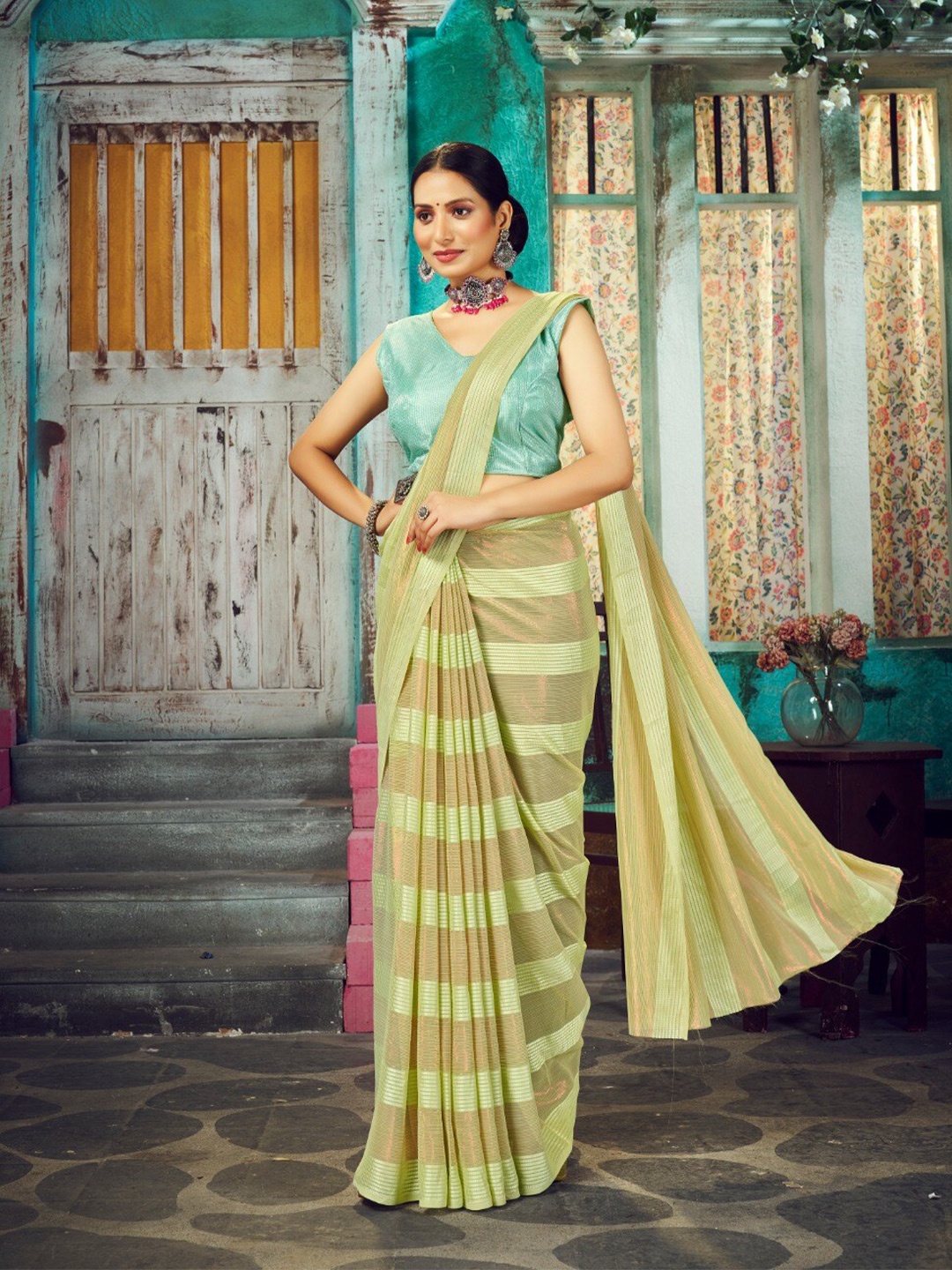

FLOURIOUS Striped Pure Georgette Banarasi Saree, Olive