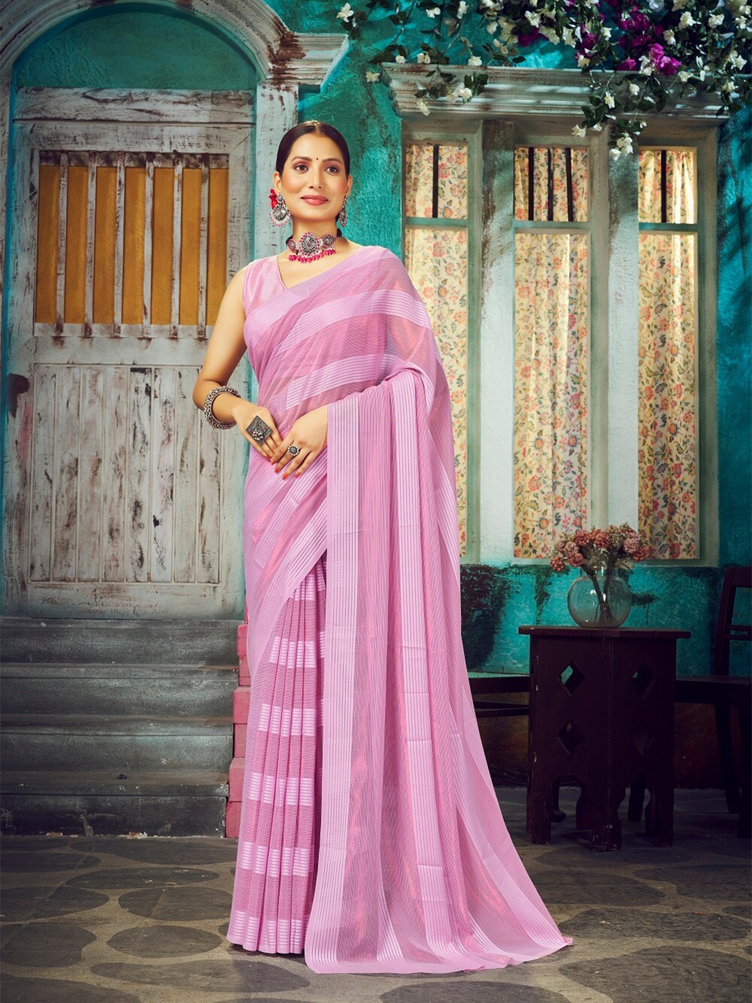 

FLOURIOUS Striped Pure Georgette Banarasi Saree, Pink