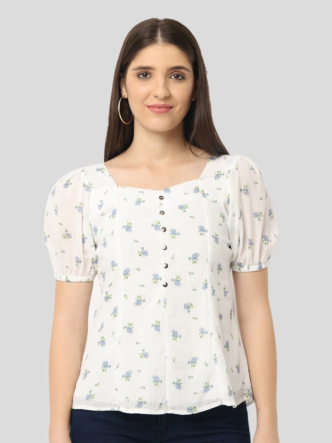 

GLORY & I Floral Printed Square Neck Puff Sleeves Gathered Regular Top, White