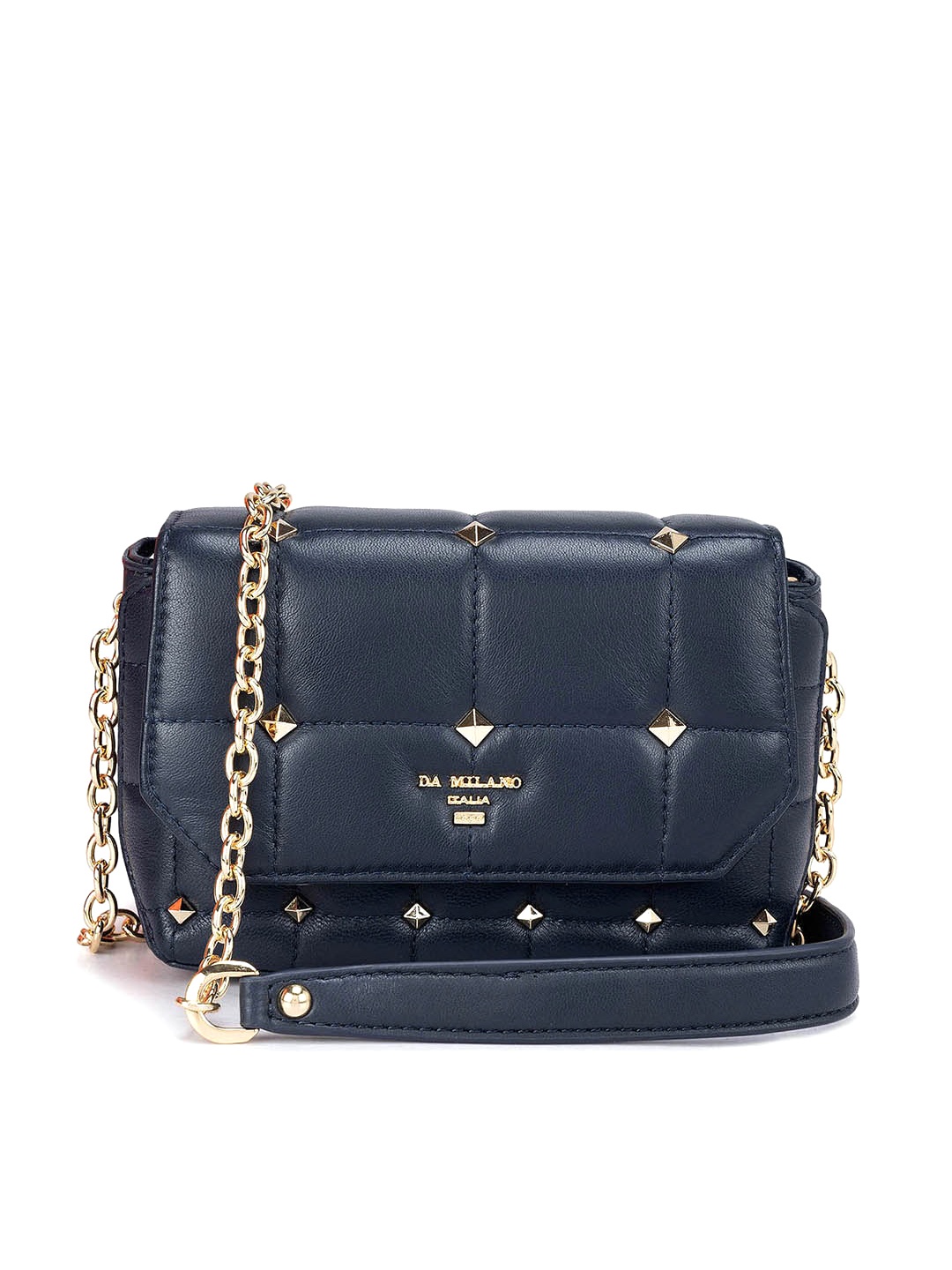 

Da Milano Leather Embellished Sling Bag With Quilted Detail, Navy blue