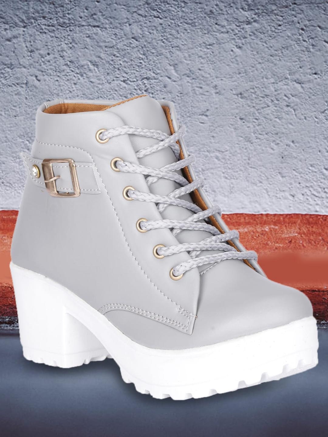 

Krafter Women Platform Heeled Chunky Boots, Grey