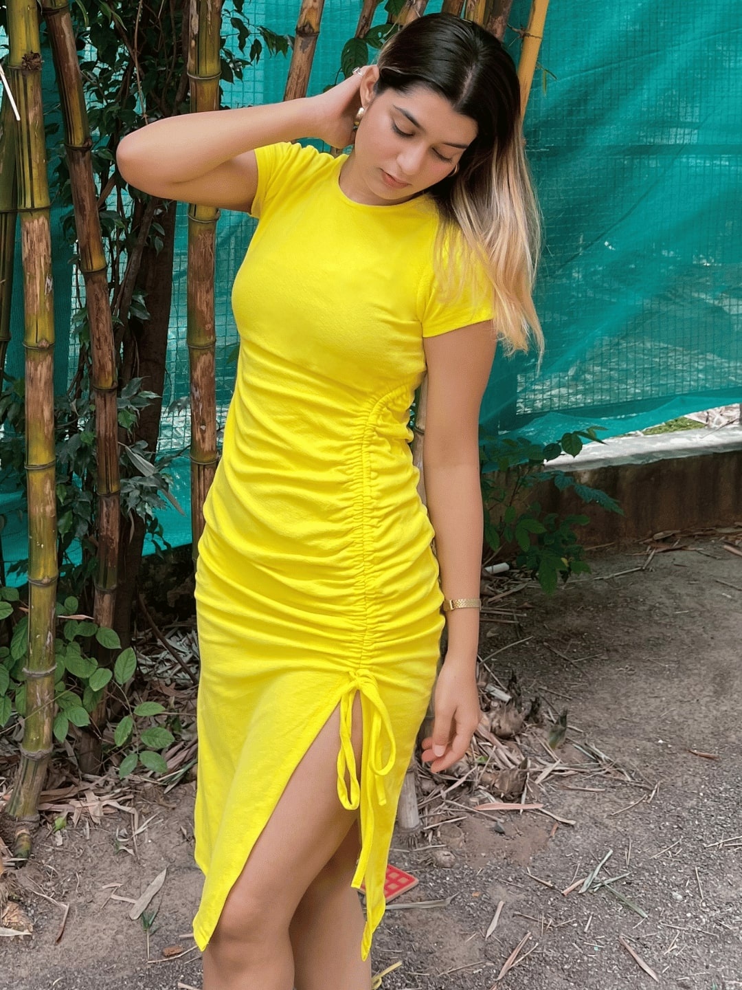 

Uptownie Lite Yellow Tie-Ups Ruched Sheath Cotton Midi Dress