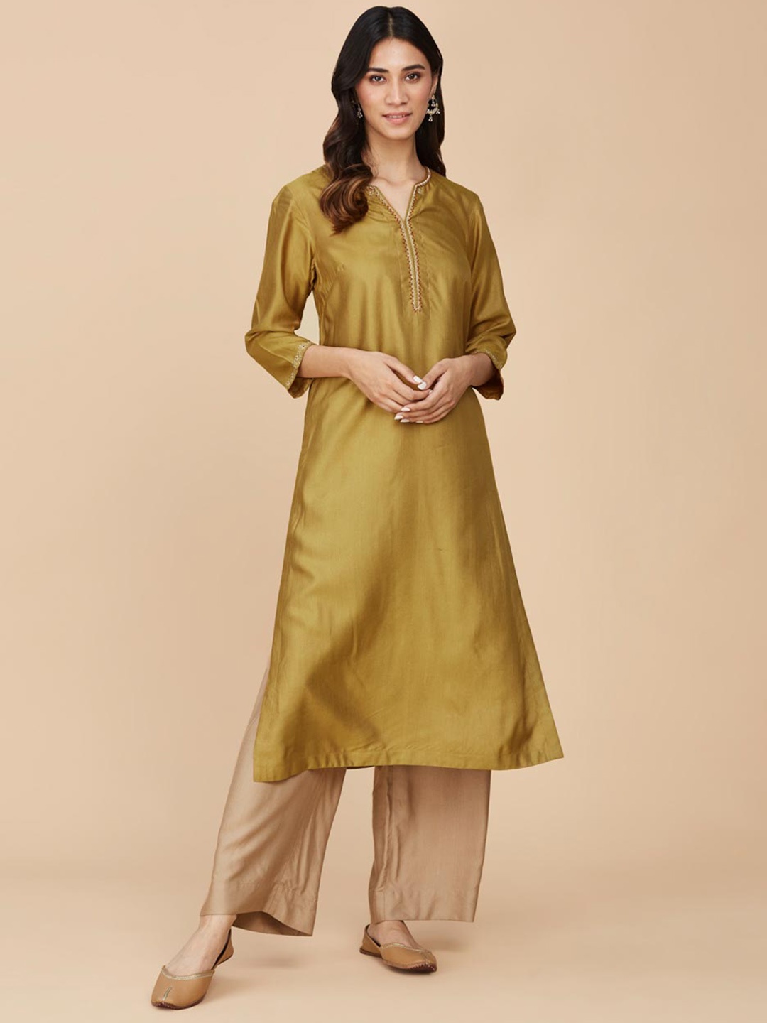 

Fabindia Thread Work Notched Neck A-Line Kurta, Mustard