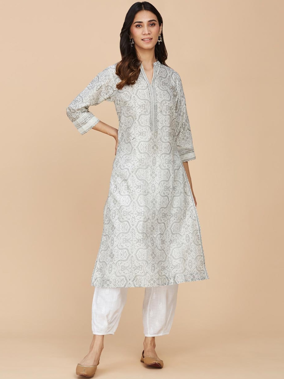 

Fabindia Ethnic Motifs Printed Cotton Silk Straight Kurta, Off white