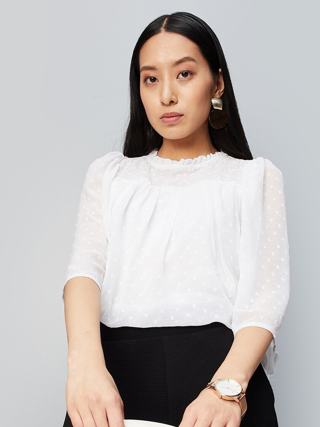 

max Self Design Flared Sleeve Semi Sheer Regular Top, White