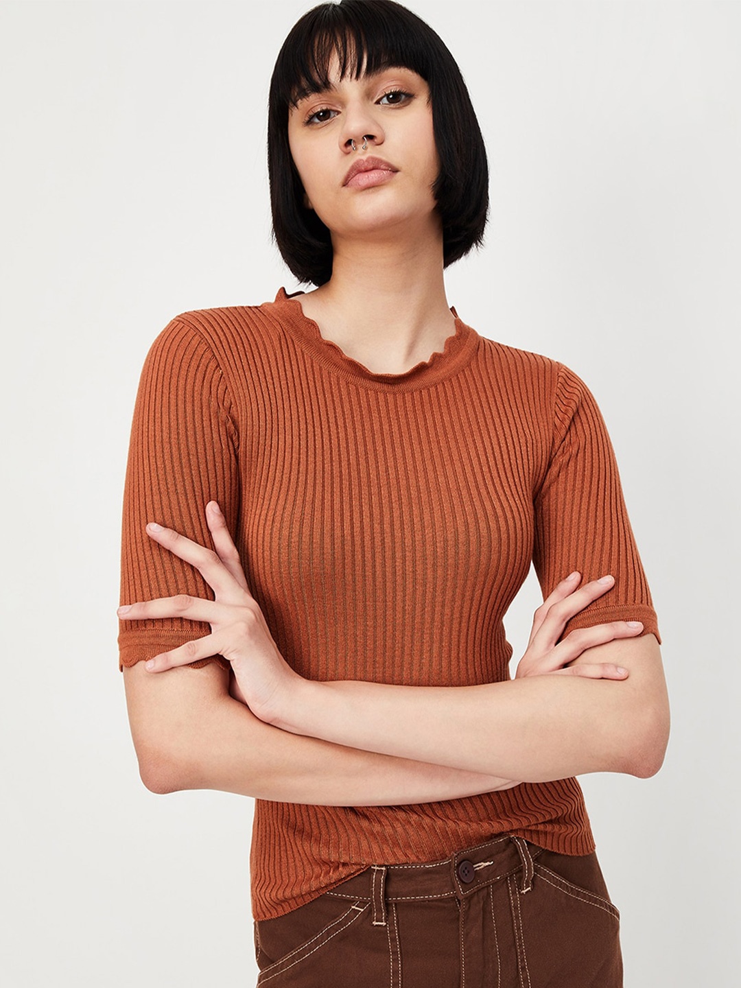 

max Ribbed Round Neck Fitted Top, Brown