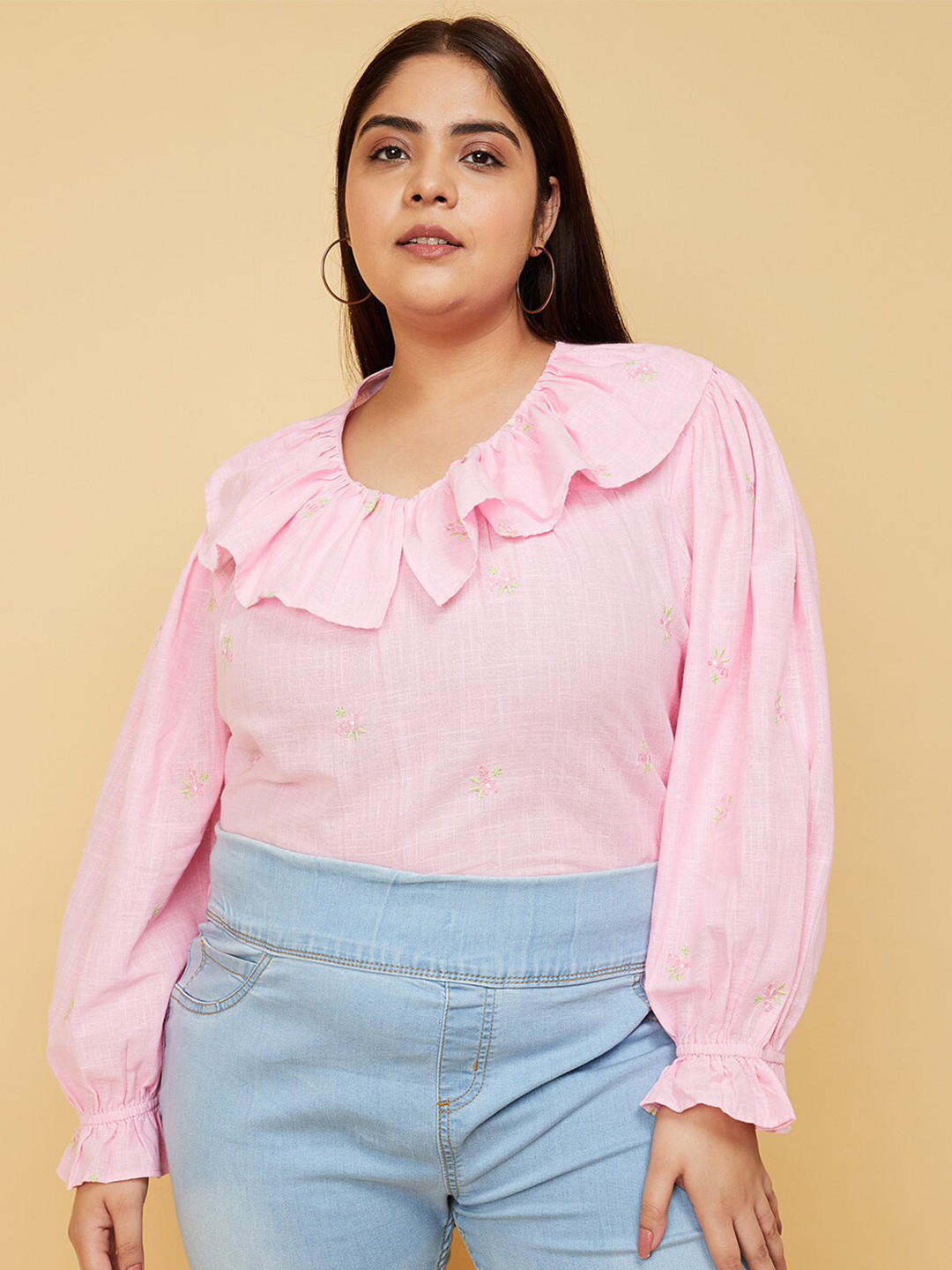 

max Round Neck Puff Sleeves Ruffled Pure Cotton Top, Pink