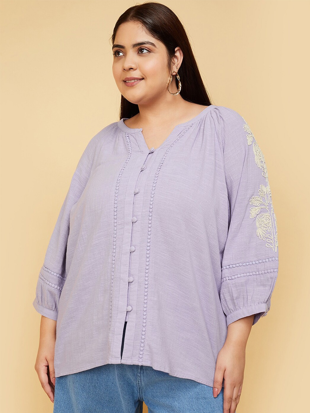 

max Band Collar Puff Sleeves Embroidered Pure Cotton Top, Purple