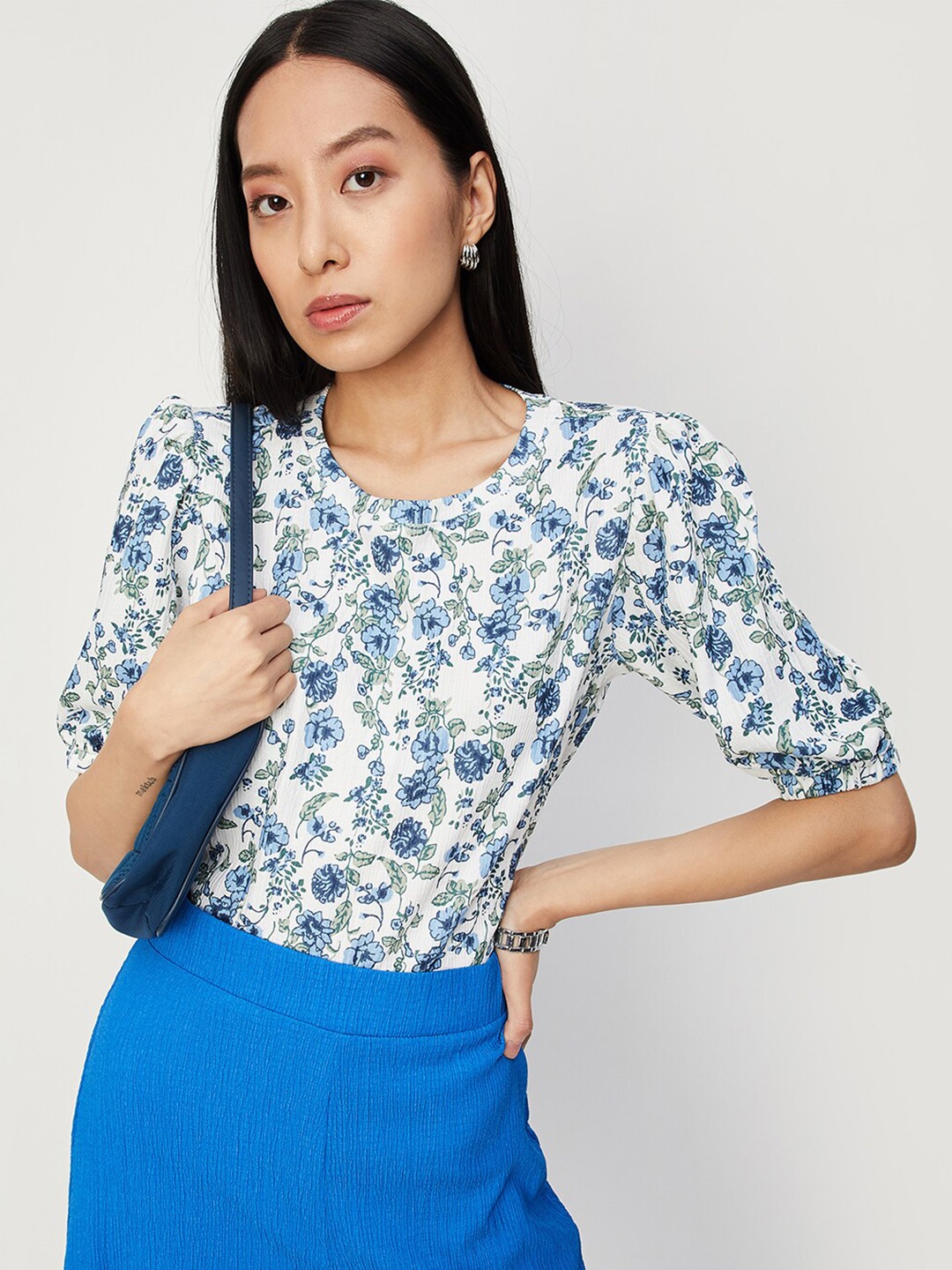 

max Floral Printed Puff Sleeve Regular Top, White