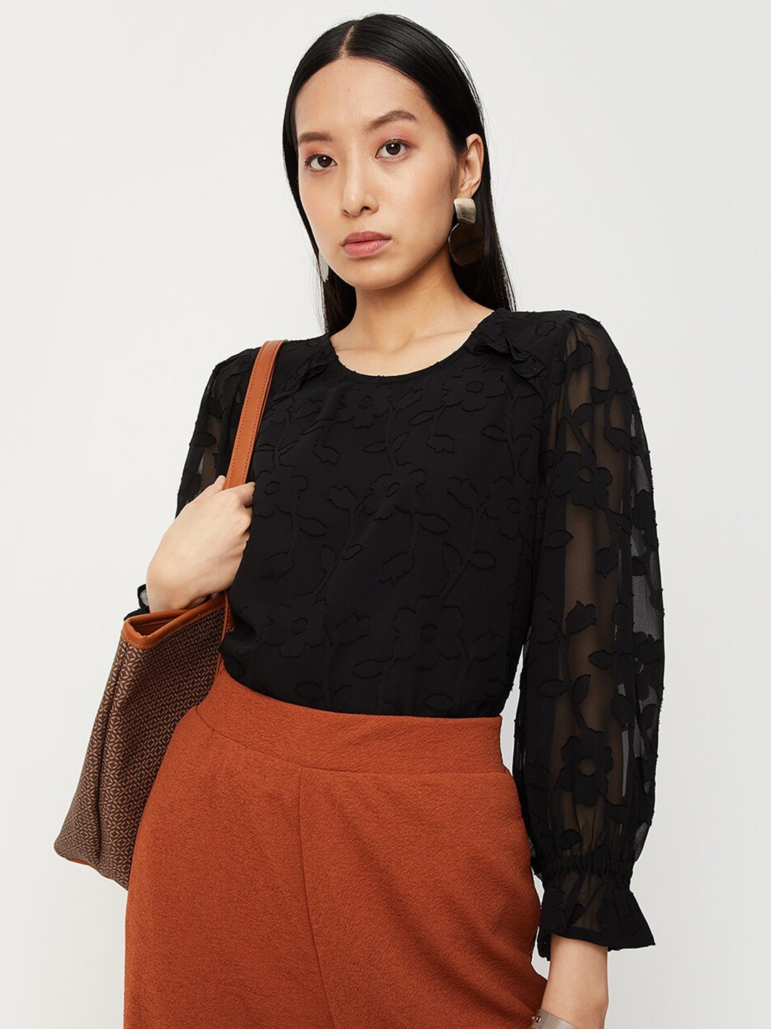 

max Self Design Puff Sleeve Semi Sheer Regular Top, Black