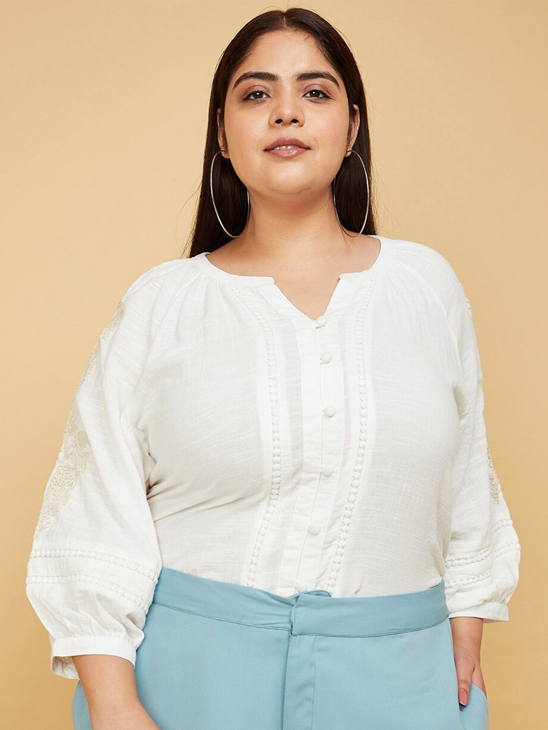 

max Plus Size Embroidered Pure Cotton Regular Top, White