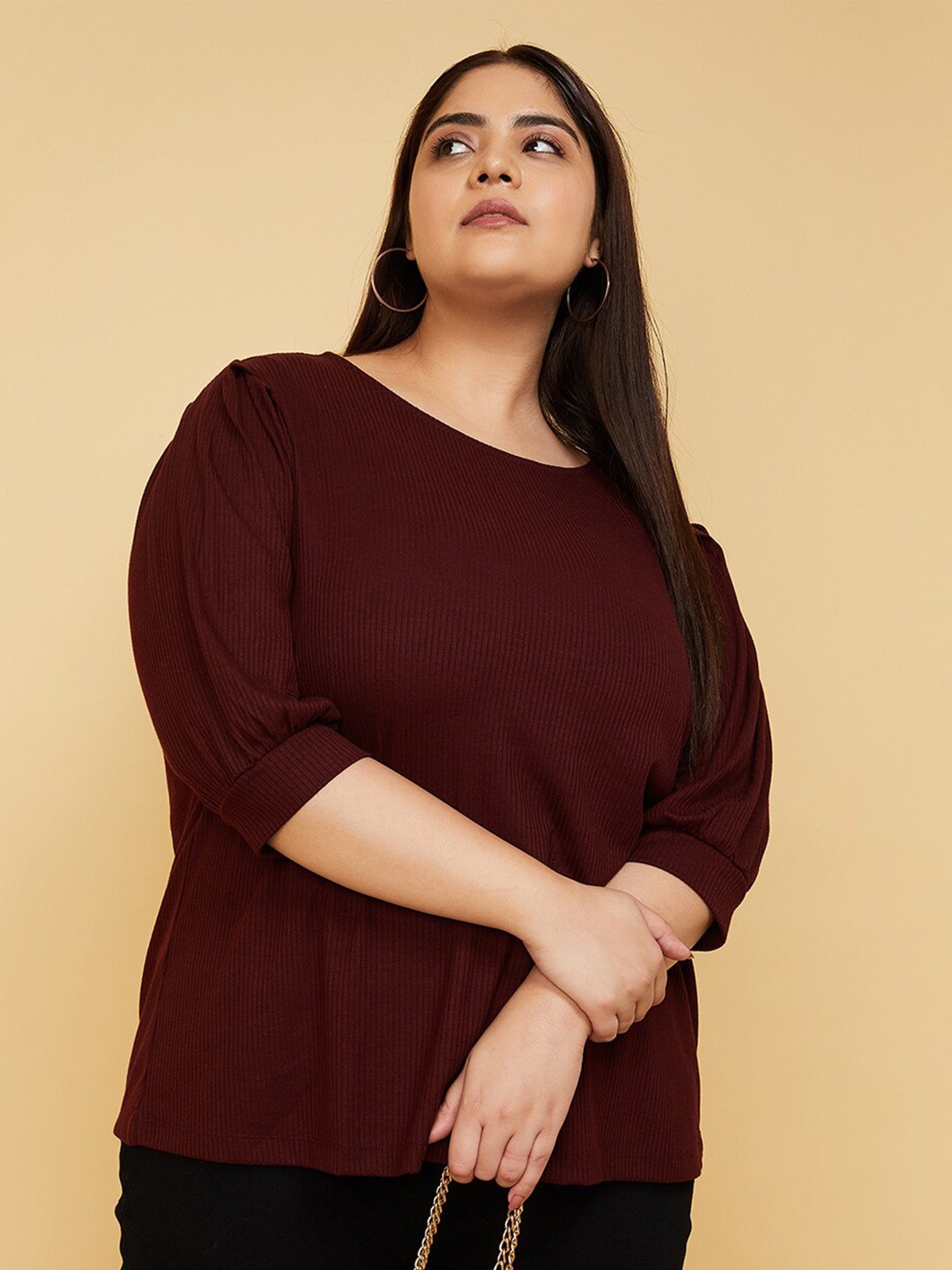 

max Plus Size Ribbed Round Neck Puff Sleeve Tie-Up Regular Top, Maroon
