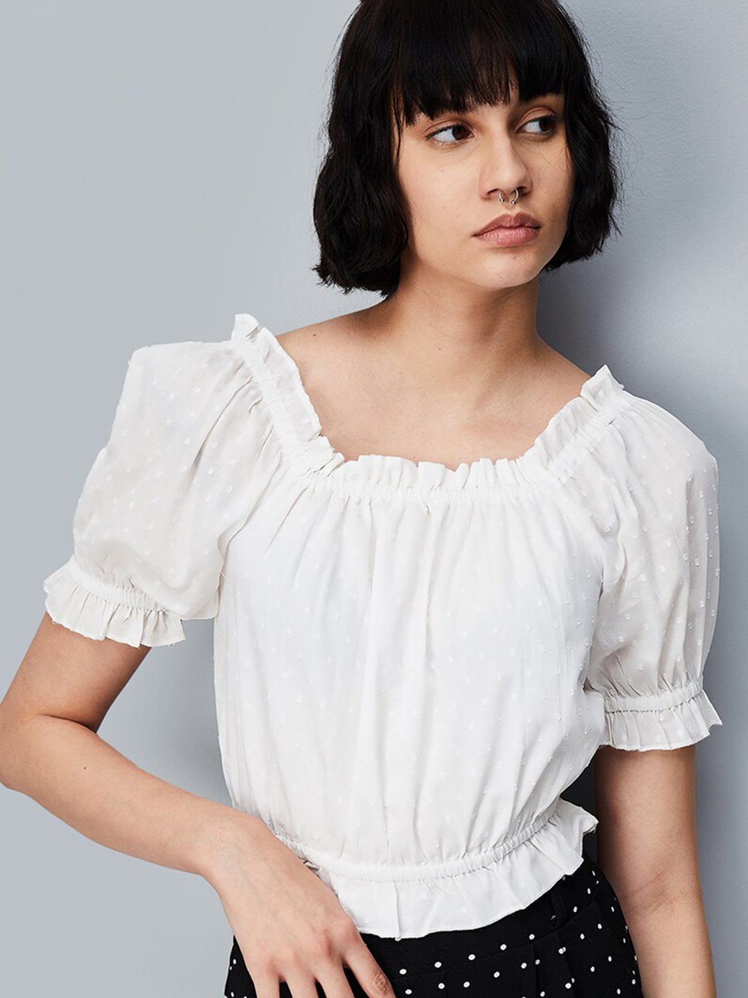 

max Self Design Puff Sleeve Cotton Blouson Crop Top, White